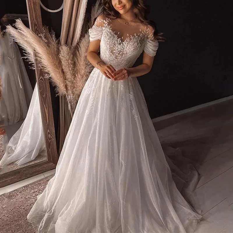 

Женское ТРАПЕЦИЕВИДНОЕ свадебное платье, Элегантное Длинное Платье из фатина со шлейфом и открытыми плечами для невесты