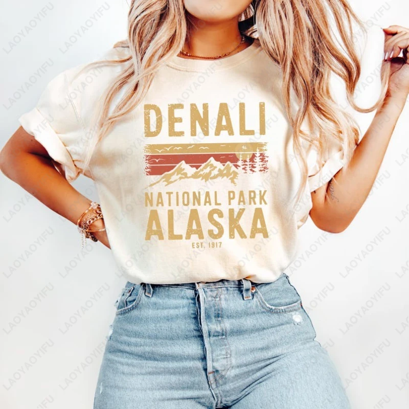 Фото Футболка Denali National Park Alaska Mountain, забавная футболка для кемпинга, любителей приключений, подарки для мужчин и женщин, винтажные футболки унисекс для взрослых №2