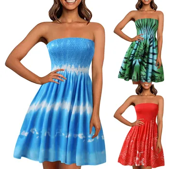 Summer Dresses For Women Beach Cover Ups Sexy Strapless Tube Tops Boho Floral Print Sundress Smocked A Line Mini Dress Vestidos 1