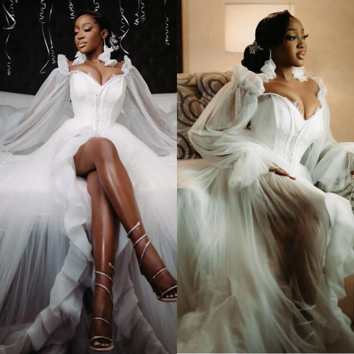 Фото Long Sleeve Bride Robes for Wedding Lace African Customized Front Split Bridal Shower Sleepwear Dresses №1