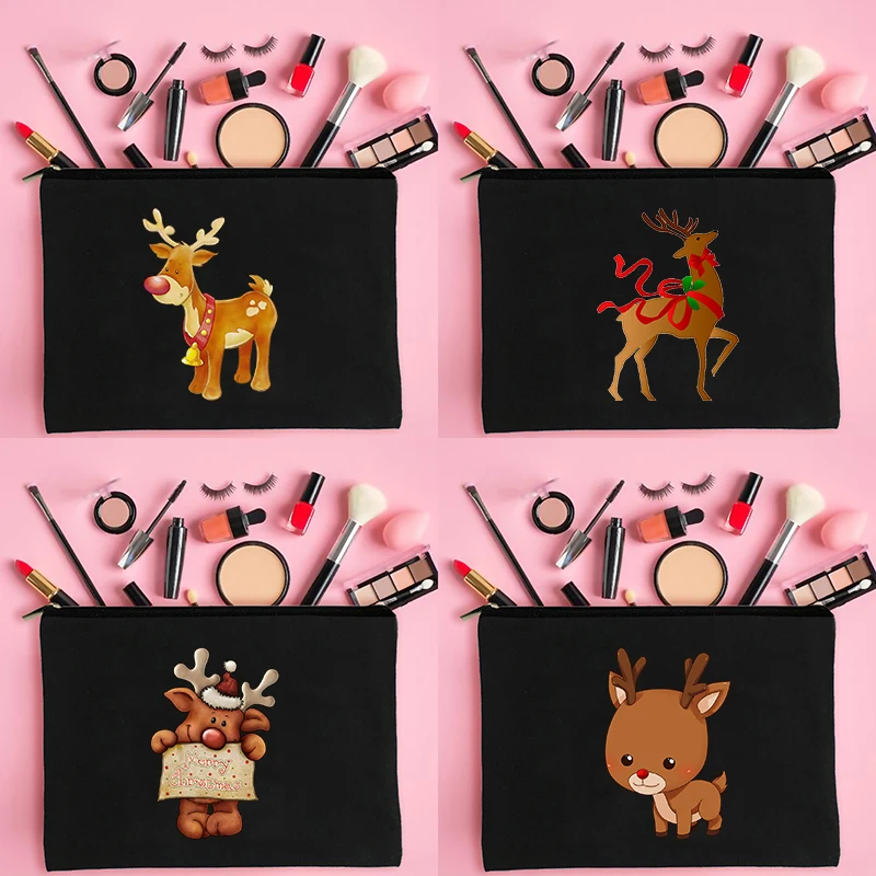 

Women Canvas Cosmetic Bag Christmas Reindeer Print Bridesmaid Makeup Pouch Handbag Zipper Lipstick Storage Student Pencil Bag