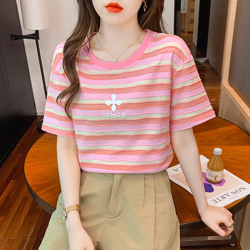 Summer Girl Sweety Striped T-Shirt Women's Letter Printing Short Sleeve O-Neck T-Shirt Basic Tops 2022
