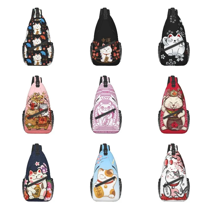 

Cool Maneki Neko Cats Pattern Sling Bags for Traveling Men's Japan Lucky Cat Crossbody Chest Backpack Shoulder Daypack