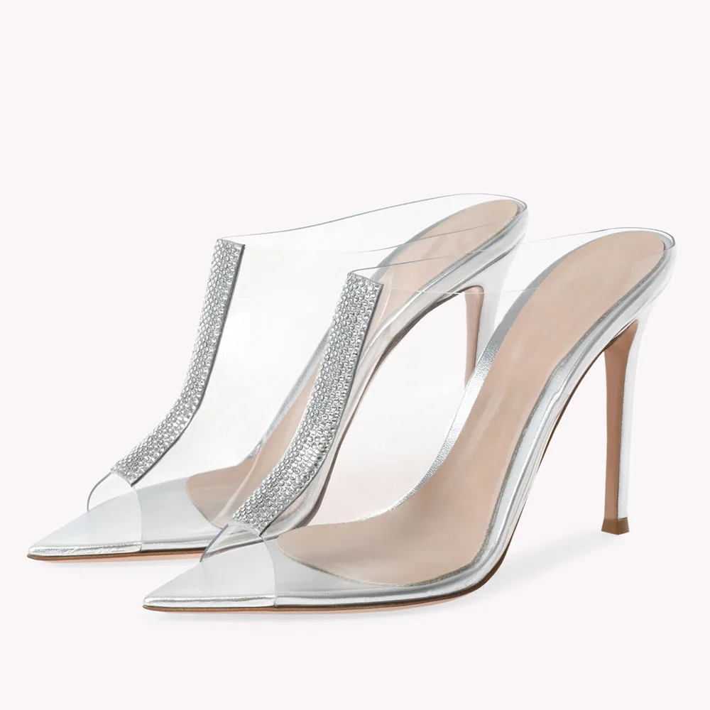 2023 Women's Pointed Toe Rhinestone Mules Sandals Stilettos Party High Heels Evening Shoes Ladies Silver Crystal PVC Slippers