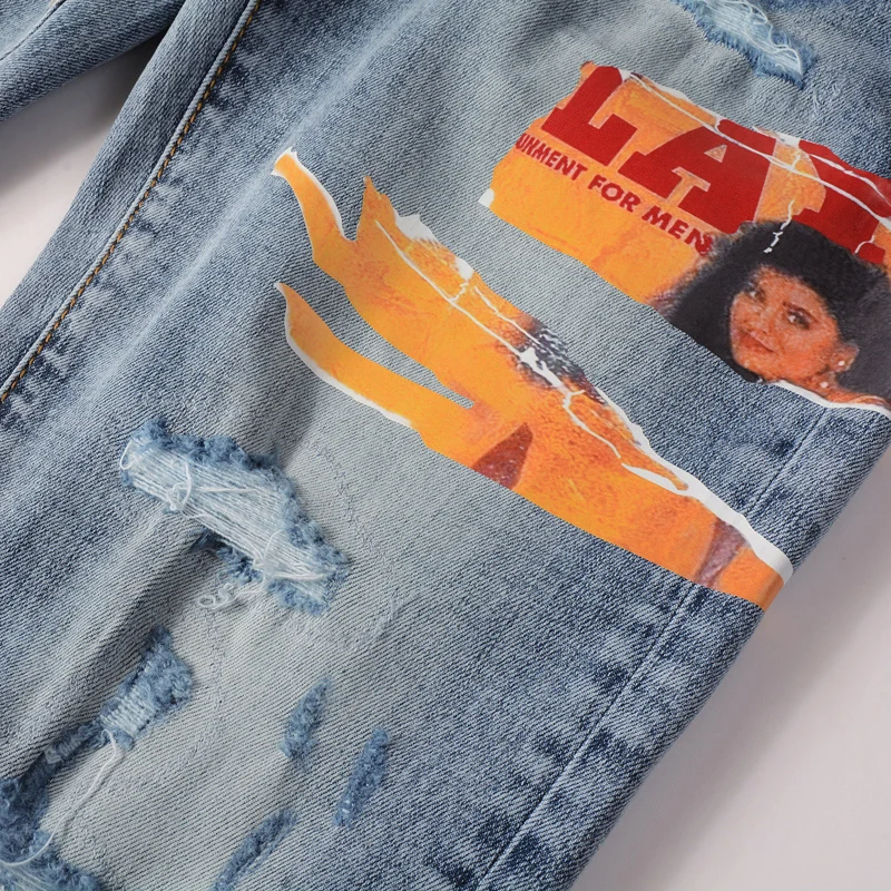 Newly Fashion Designer Men Jeans Retro Light Blue Stretch Slim Fit Patch Ripped Jeans Men Streetwear Hip Hop Brand Pants Hombre