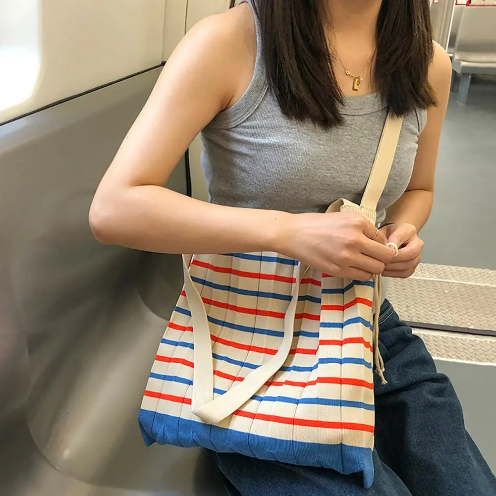 

Women Knitted Tote Bag Striped Pleated Foldable Drawstring Large Capacity Single Shoulder Shopping Organ Bag Handbag bolso mujer