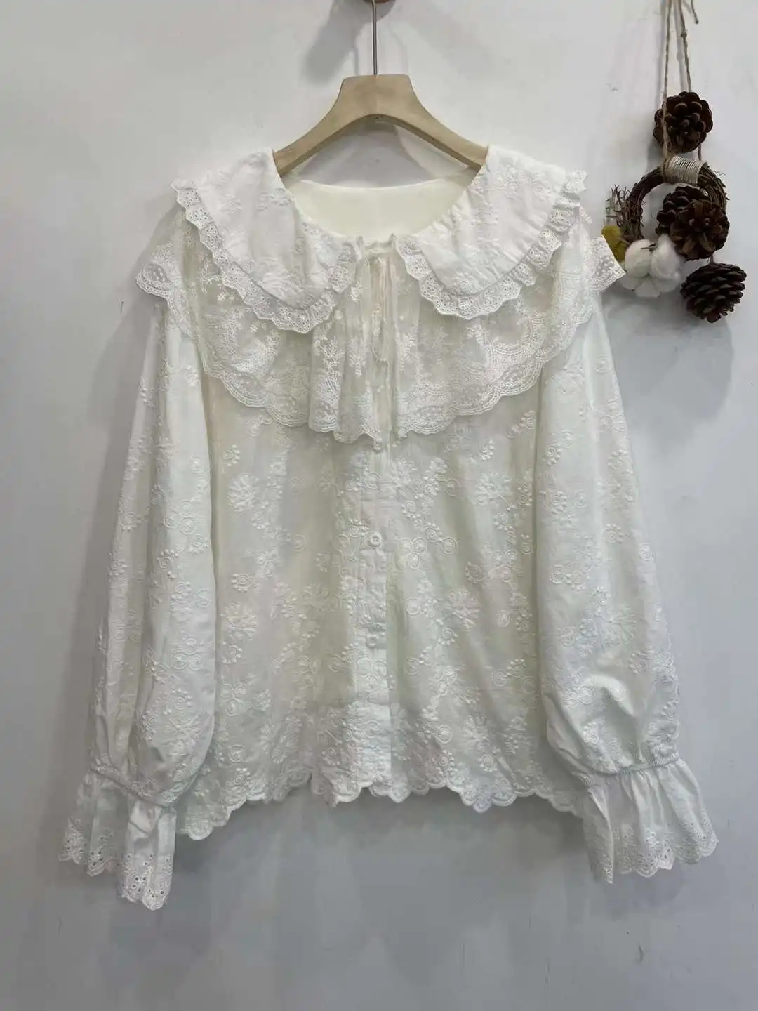 Mori Kei японские модные утепленные кружевные рубашки с воротником Питера Пэна для