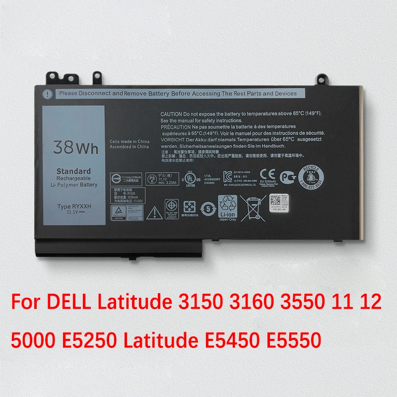 

RYXXH New Laptop Battery For Dell Latitude 12 5000 11 3150 3160 3550 E5250 E5450 E5550 Series 11.1V 38WH