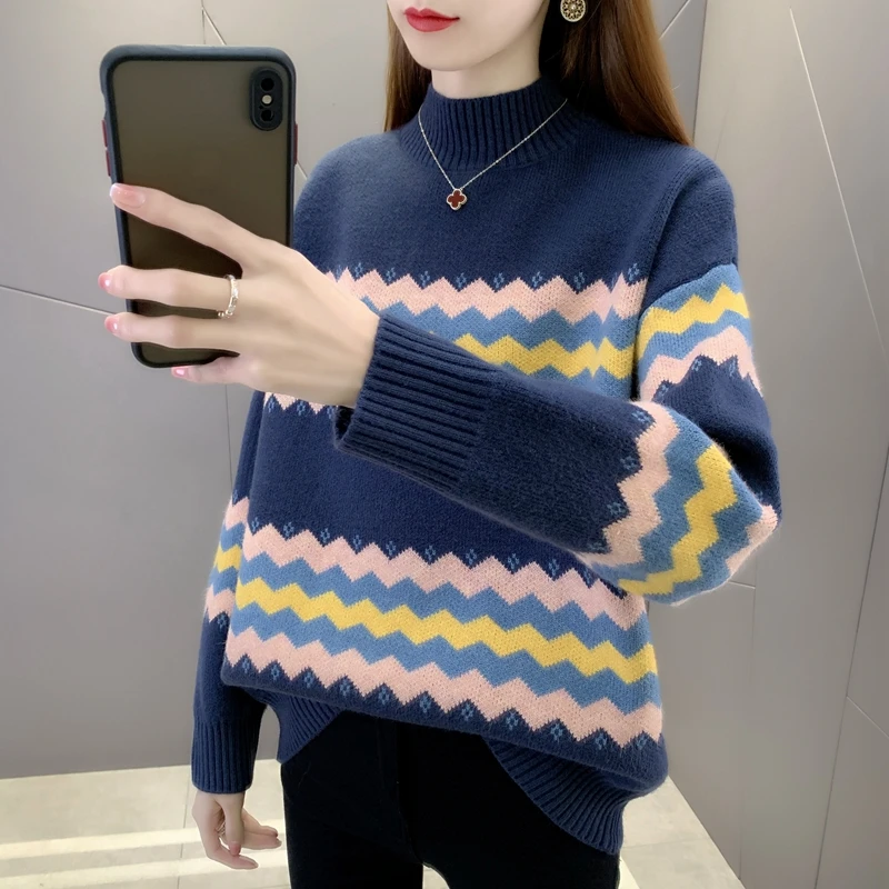 

U area 47 right] 8279 real shot - wavy stripe jacquard half high neck knitted sweater Pullover 44