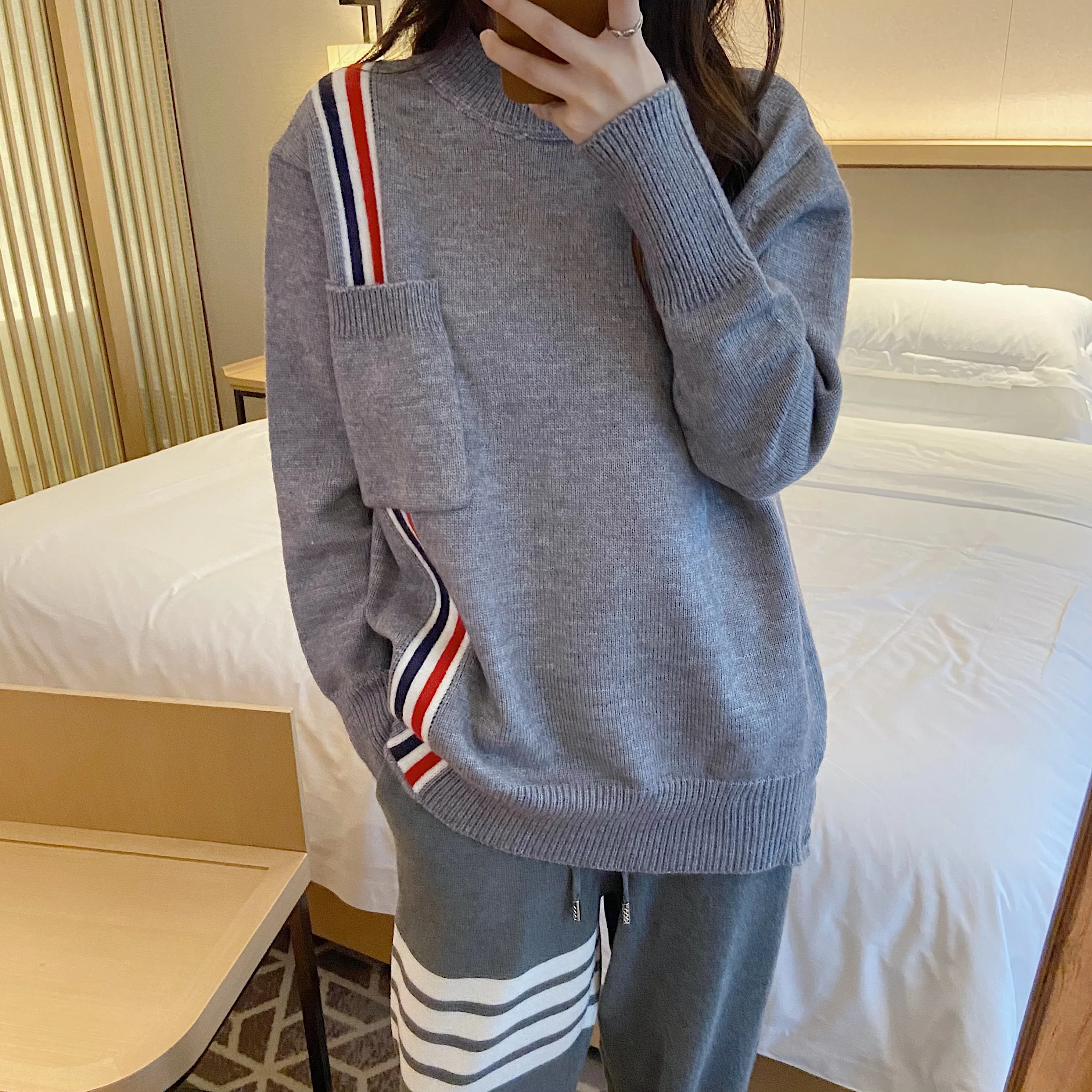 TB Korean Style Wool Sweater Pullover Autumn and Winter New Loose Skinny Red White Blue Stripe Top