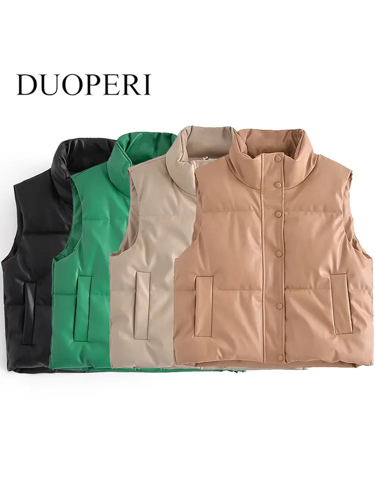 

DUOPERI Women Fashion Solid Front Zipper Vest Vintage High Neck Sleeveless Jacket Chic Lady Warm Waistcoat Outfits