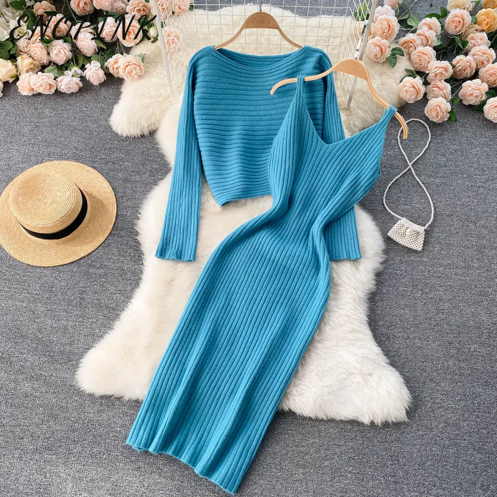 

Women Elegant Slim Two Piece Sets Female Sweater Dress Autumn Winter High Waist Knitted Ensemble Femme Medium Long Party Dresses