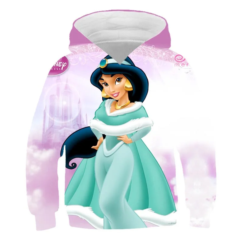 

Girl Disney Princess Jasmine Hoodies Beauty Ariel Princess 3D Printing Children's Sweatshirts Disney Cartoon Casual Hooded Tops