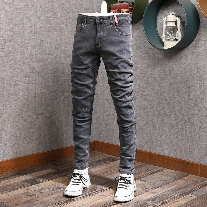 Korean Style Fashion Men Jeans Retro Black Gray Elastic Slim Fit Casual Denim Pencil Pants Streetwear Vintage Designer Jeans Men