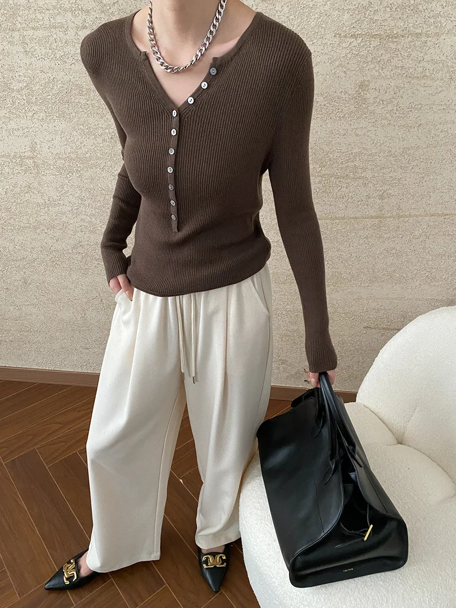 Вязаные Пуловеры в французском стиле на пуговицах с V-образным вырезом