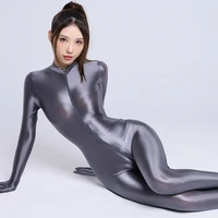 sexy shiny bodysuit women aldult club party erotic jumpsuits zipper open crotch full body satin oil glossy rompers gloves tights