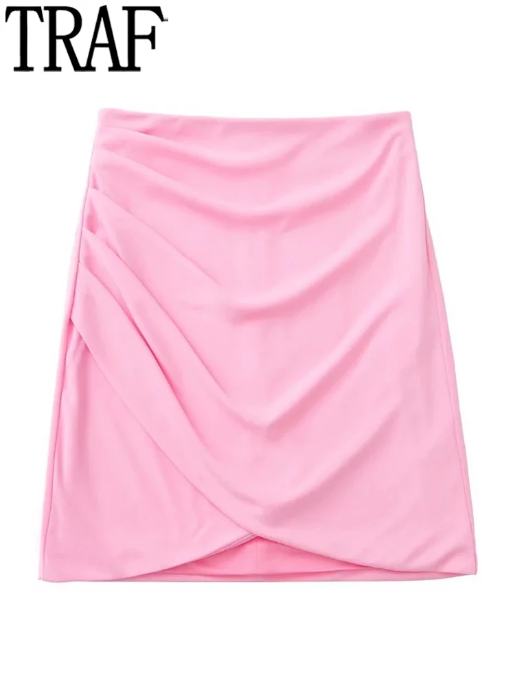 

TRAF 2022 Ruched Pink Skirt Women High Waist Mini Beach Skirt Y2k Streetwear Wrap Short Skirts Woman Fashion Summer Skirts Suits