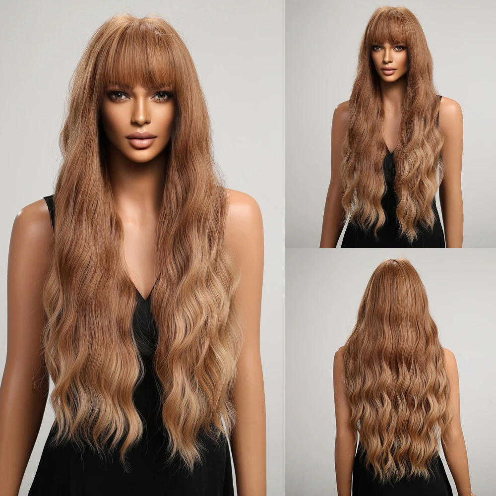 

Long Honey Brown Ombre Synthetic Wigs Curly Wavy Wigs with Bangs Cosplay Party for Women Afro Daily Natural Heat Resistant Hair