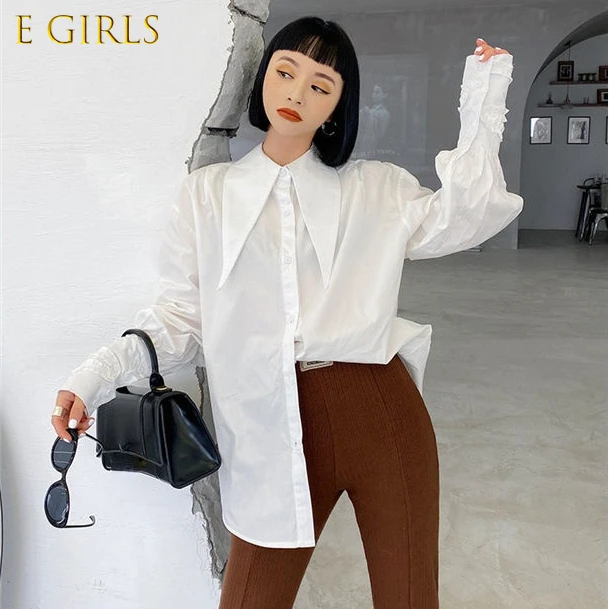 E GIRLS  Elegant Turn-down Collar Women Blouses Korean Fashion Puff Sleeve Shirts 2022 Spring New Loose Style Blusas De Mujer
