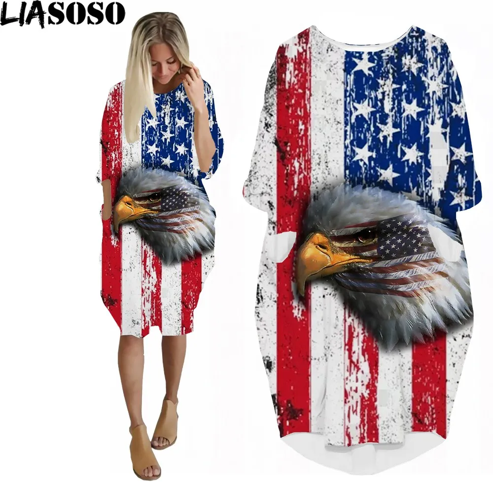 

LIASOSO 3D Print Lady Knee Length Dress Retro Style Eagle Head American Flag Distressed Dyed Party Shopping Harajuku Trend Dress