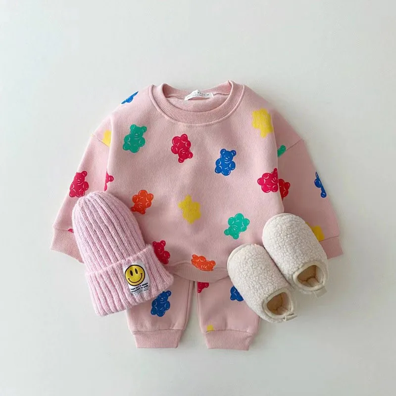 

Cute Colourful Gummy Bears Tracksuit Baby Girl Sweet Loose Pullover Sweatshirts+ Simple New Track Trousers 2pc Spring New Set