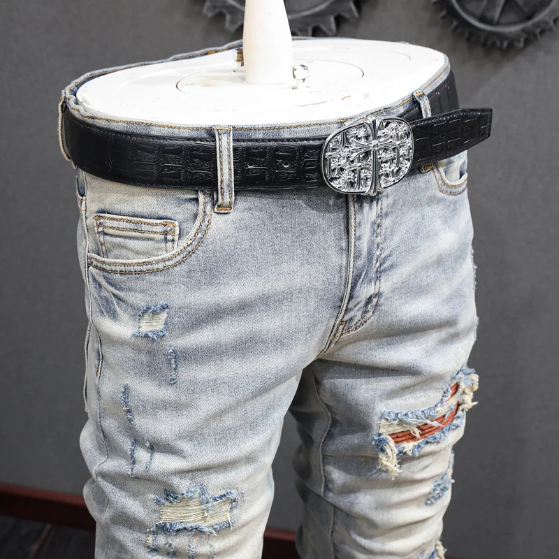 High Street Fashion Men Jeans Retro Gray Blue Elastic Stretch Skinny Ripped Jeans Men Patched Designer Hip Hop Brand Pants Homme