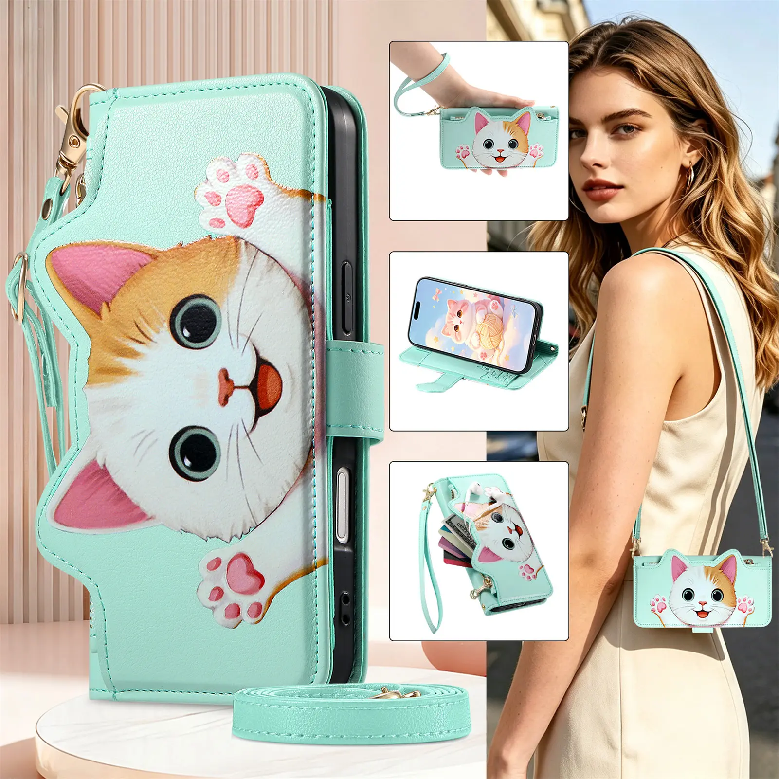 Милый мультяшный кошелек-чехол с изображением кота для OPPO A98 A96 A94 A92 A91 A93 A80 A79 A78 A77 A76 A74 A73 A72, многофункциональный, на 5 карт, с откидной крышкой (art.: 3920dae07bf98) - 3920dae07bf98