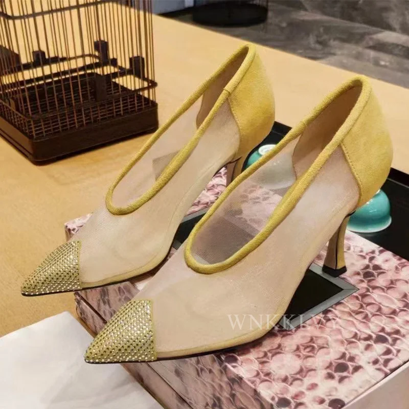 

High quality Pointed toe mesh high heels women 2022 spring new rhinestones decor pumps party banquet sexy dress shoes runway