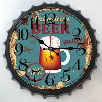 vintage beer lid wall clock diameter 35 cm tinplate plaques signs retro metal painting no 5 battery movement wall watch mural 3