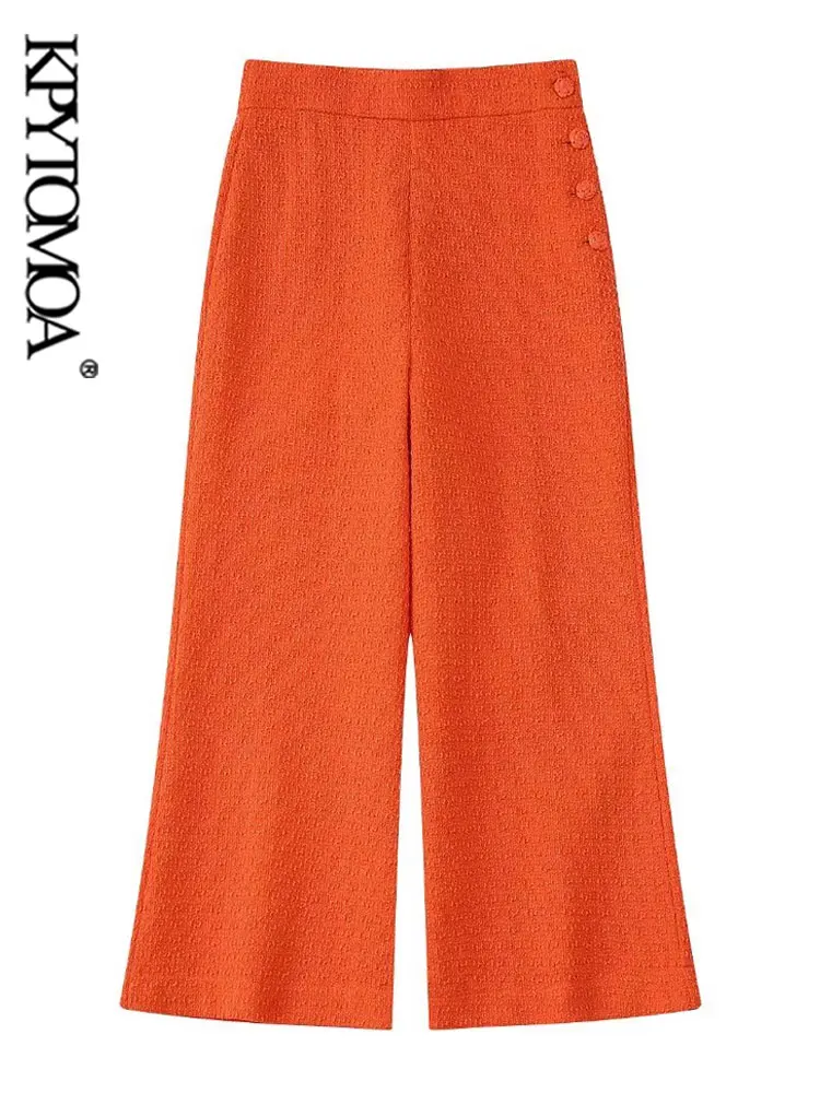 

KPYTOMOA Women Fashion Tweed Calf-Length Wide Leg Pants Vintage High Waist Side Buttons Loose Female Trousers Mujer