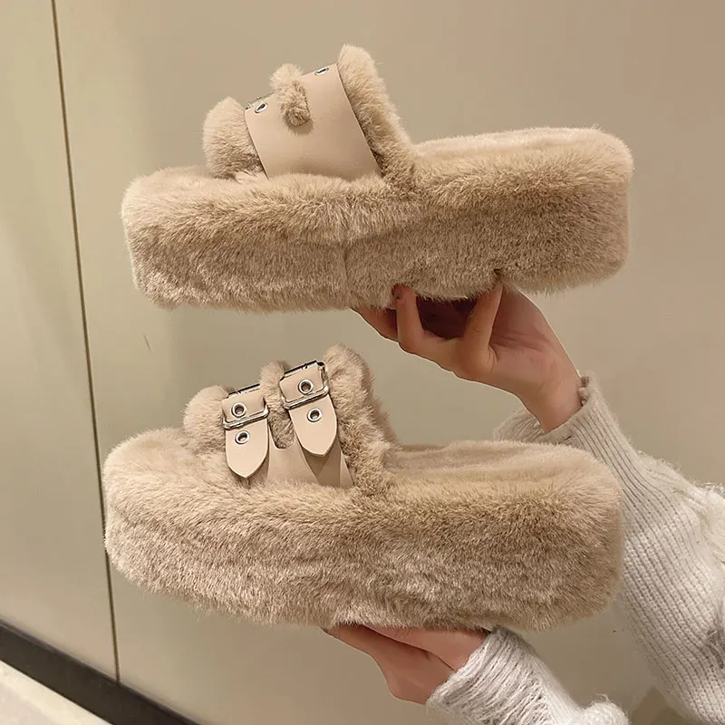 

Тапки женские плюшевые, сланцы, модные туфли на платформе и высоком каблуке, из флока, роскошные массажные, на меху, Ru