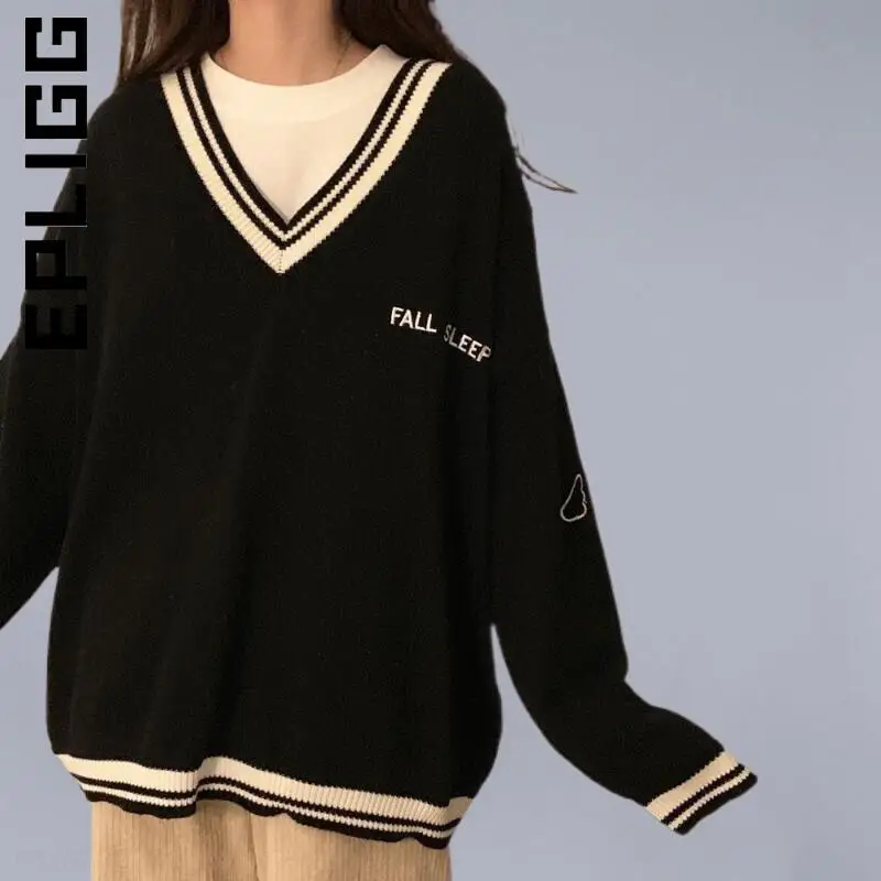 

Epligg Knitted New Women Sweater Pullover Slim Sweaters Women Loose Chic Long Sleeve Women's Jumper 2022 V-neck Popular Female