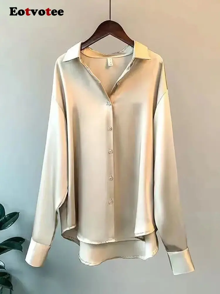 Блузка Eotvotee Женская атласная с длинным рукавом элегантная рубашка на пуговицах