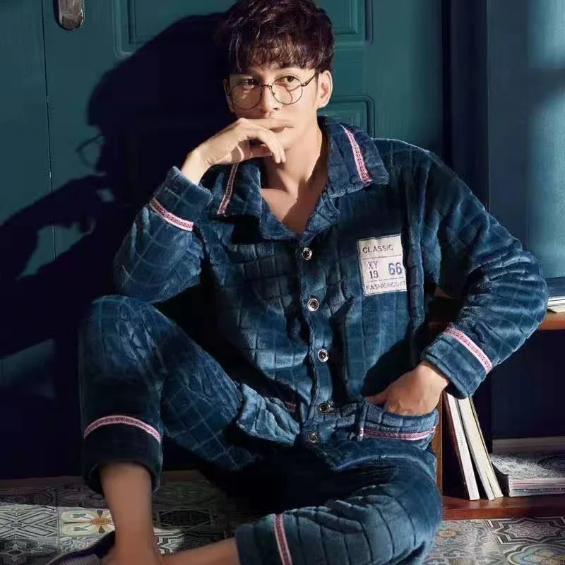 Autumn Winter Man Pajamas Sets Flannel Thick Warm Pijama Male Turn-Down Collar Sleepwear Homewear Casual Pyjama