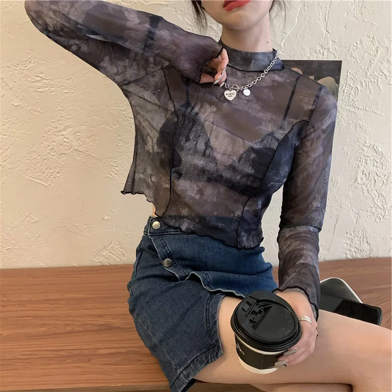 

Thin Imitation Ice Silk Long-sleeved T-shirt Women Summer Sunscreen Long Sleeve Tops Perspective Sexy Street Wear T Shirt