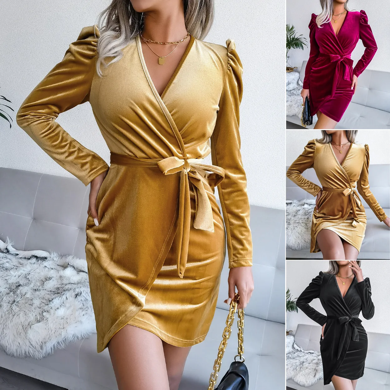 

Spring Women's Bubble Sleeve Sexy Velvet Buttock Skirt Evening Dress Female & Lady Fashion Elegant Casual Dresses