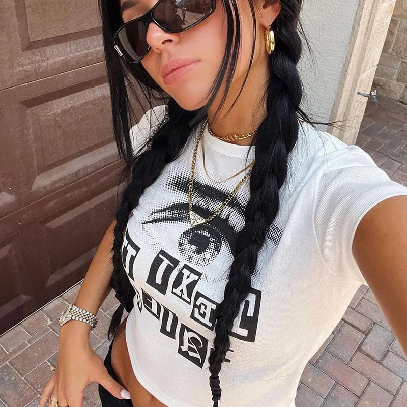 YOZOU 2022 Summer Cotton White Short Sleeve Graphic Y2K Baby Tee Tshirt for Girl Female Crop Top Grunge Clothes Rave Outfits |