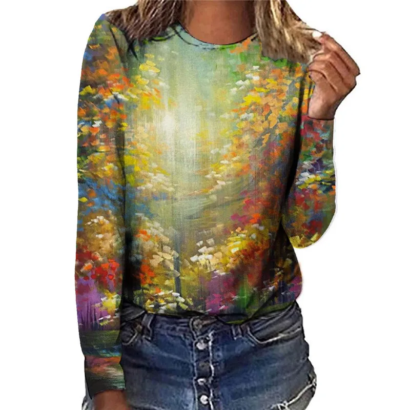 

Женская футболка с длинным рукавом, круглым вырезом и цветочным принтом