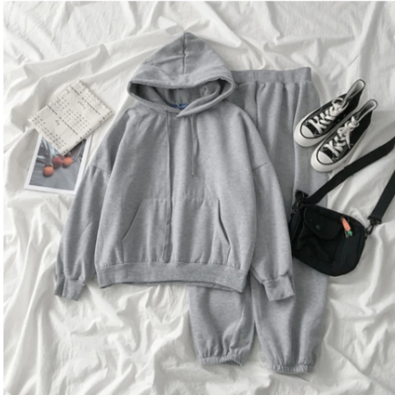 

Korean Style Winter Woman Clothes Set Long Loose Fleece Hoodies Elastic Waist Long Trousers Twinset Female Thick Warm Pants Suit
