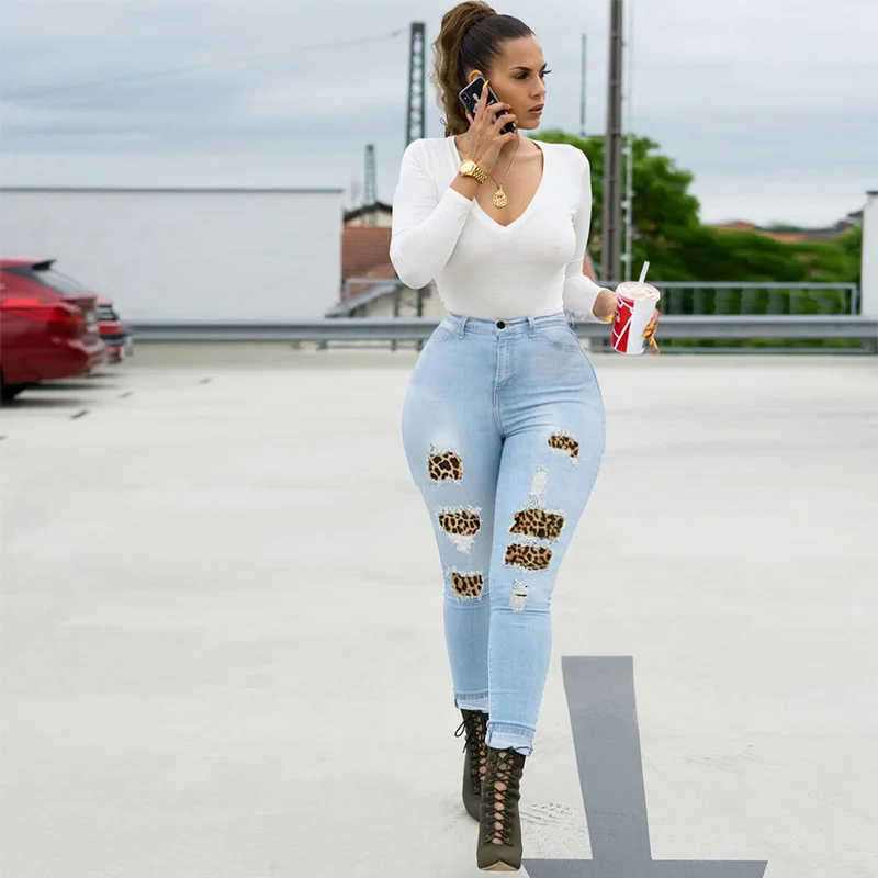Spring 2022 European/American Women's Jeans Slim Fit High-stretch Jeans Leopard Print Patch Designs Women's Pencil Pants