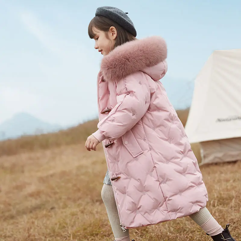 Winter Children's Clothing Girls Pink FashionThicken Down Jacket Girls Warm Long Snowsuit Large Fur Collar Windbreak -30 Degrees