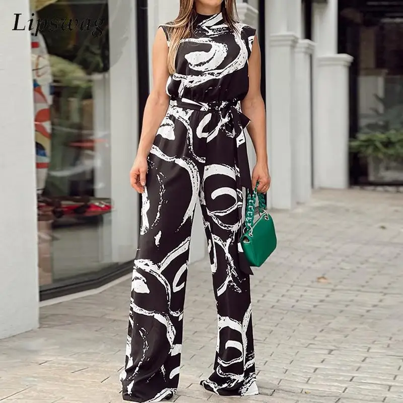 

Elegant Turtleneck Office Lady Shirt Jumpsuit Women Fashion Print Tie-up Wide Leg Pant Romper Casual Sleeveless Playsuit Overall