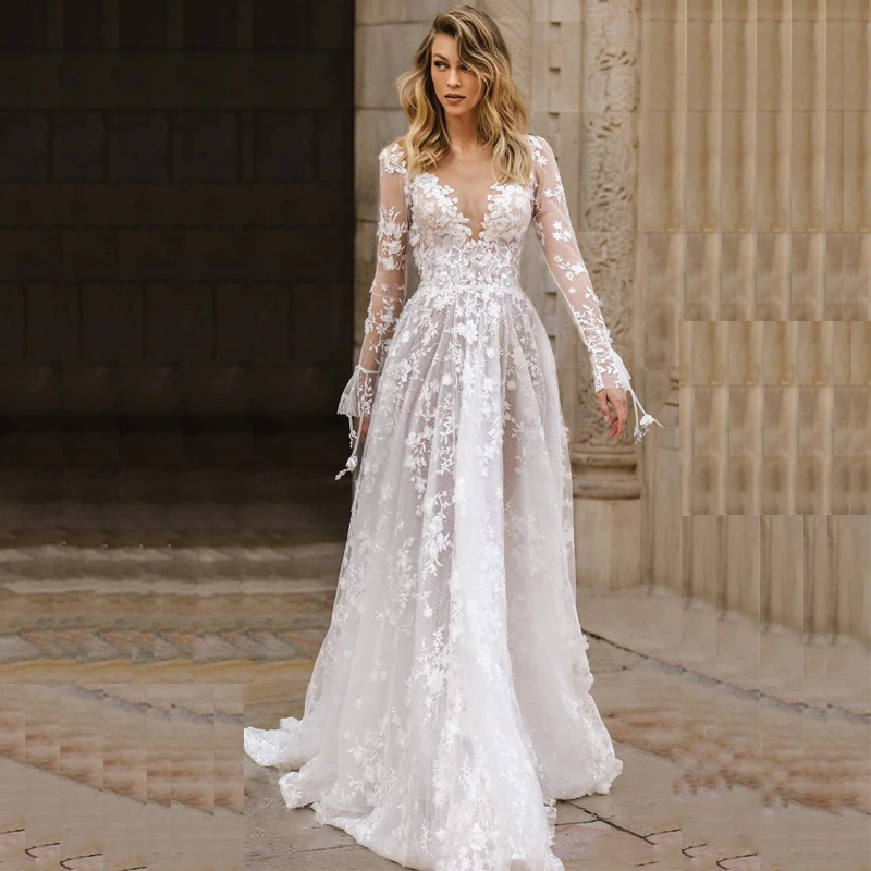 

Сексуальные богемные Свадебные платья с расклешенными рукавами, летнее свадебное платье с открытой спиной, длинное кружевное платье, женск...