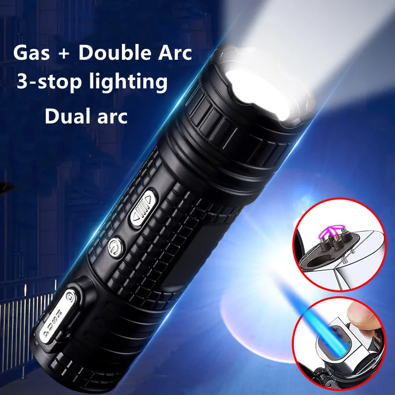 

Hot Metal Multifunctional Flashlight USB Dual Arc Butane Gas Lighter Outdoor Camping Windproof Blue Flame Torch Jet Lighter