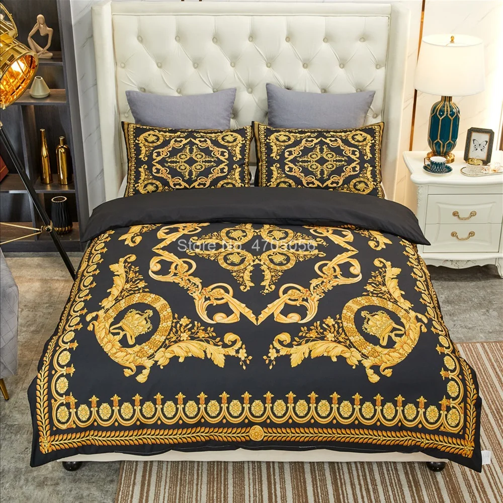 

European Style Luxury Black Gold Baroque Bedding Set Soft Cozy Quilt Cover Pillowcase 3pcs Duvet Cover Bedclothes