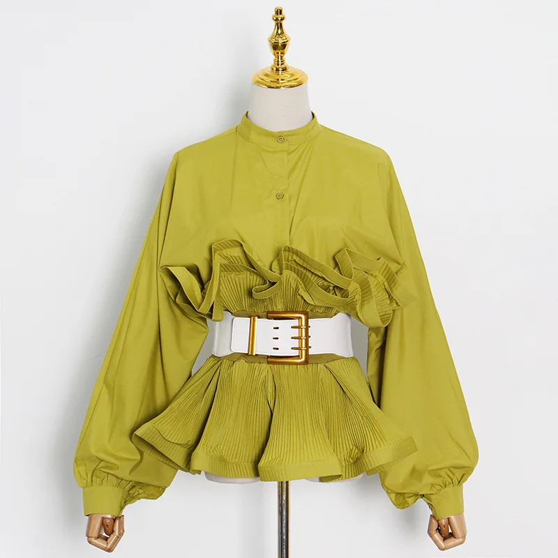 

2022 Elegant Stitching Ruffled Belt Female Stand-up Collar Single-breasted Lantern Sleeves Stitching Wood Ear Belt Belt Shirt
