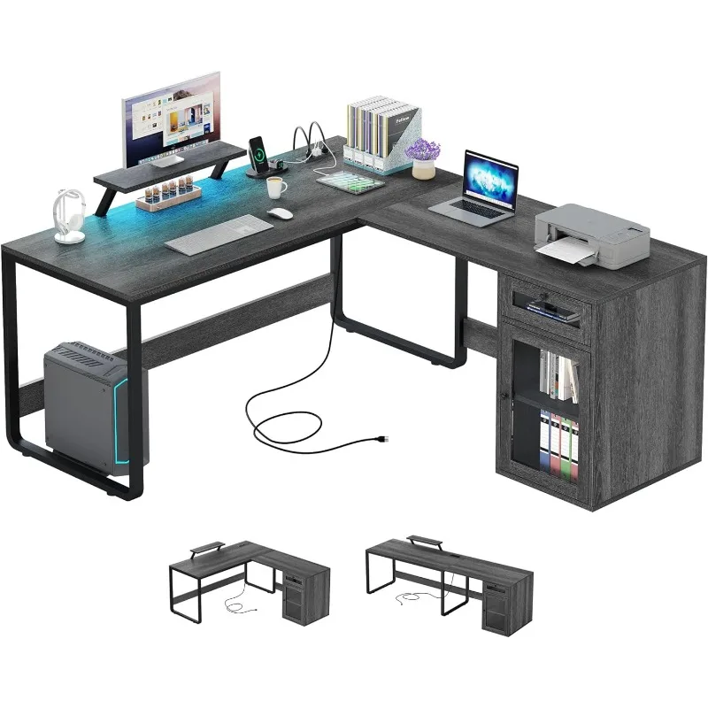 

L-образный стол с выходами питания и фонариками, двусторонний компьютерный стол с выдвижным ящиком, угловой стол, стол для дома и офиса с монитором