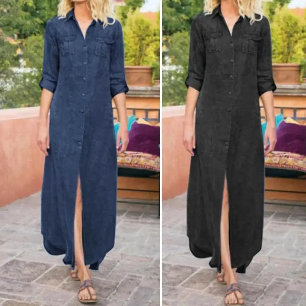 

Chic Long Dress Ankle Length Casual Dress Single-breasted Placket Pure Color Women Shirt Dress Streetwear Denim Dress
