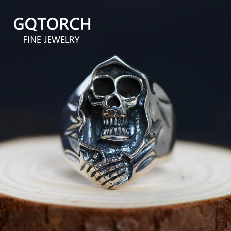 

925 Sterling Silver Vintage Punk Rings Skull Skeleton Death Design For Men Biker Ring Male Jewelry Accessories