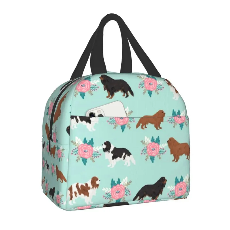 

Custom The Cavalier King Charles Spaniel With Flowers Lunch Bag Men Women Warm Cooler Insulated Lunch Box Kids School Children